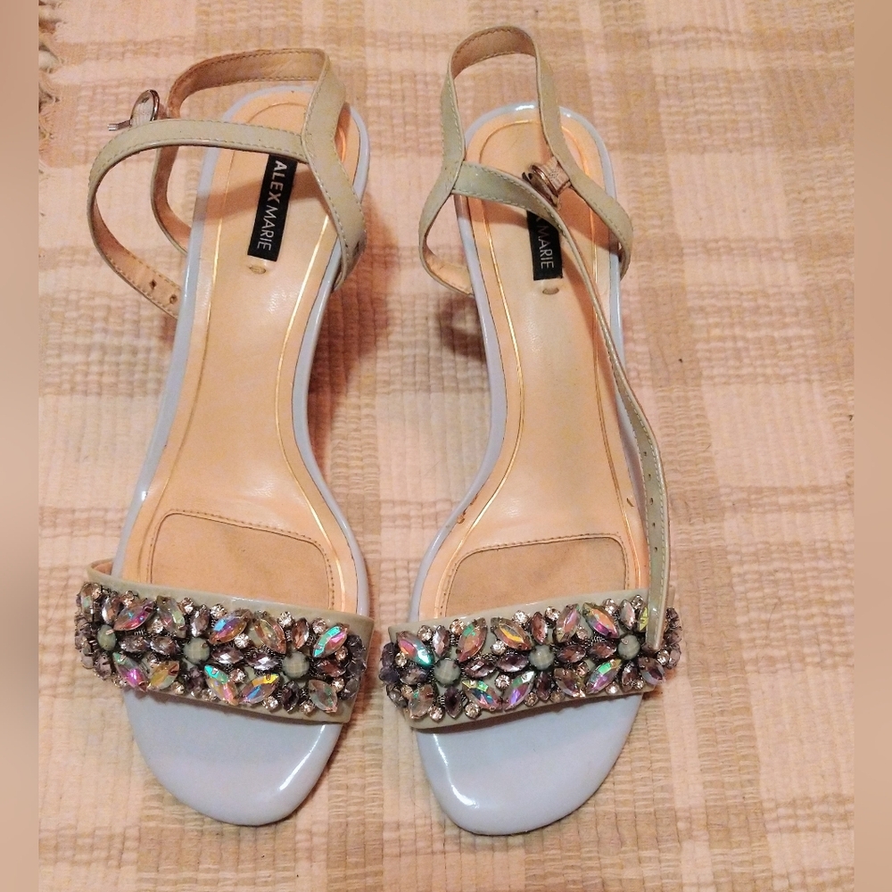 Alex Marie White and Beige Jeweled Ankle-Strap Sandals